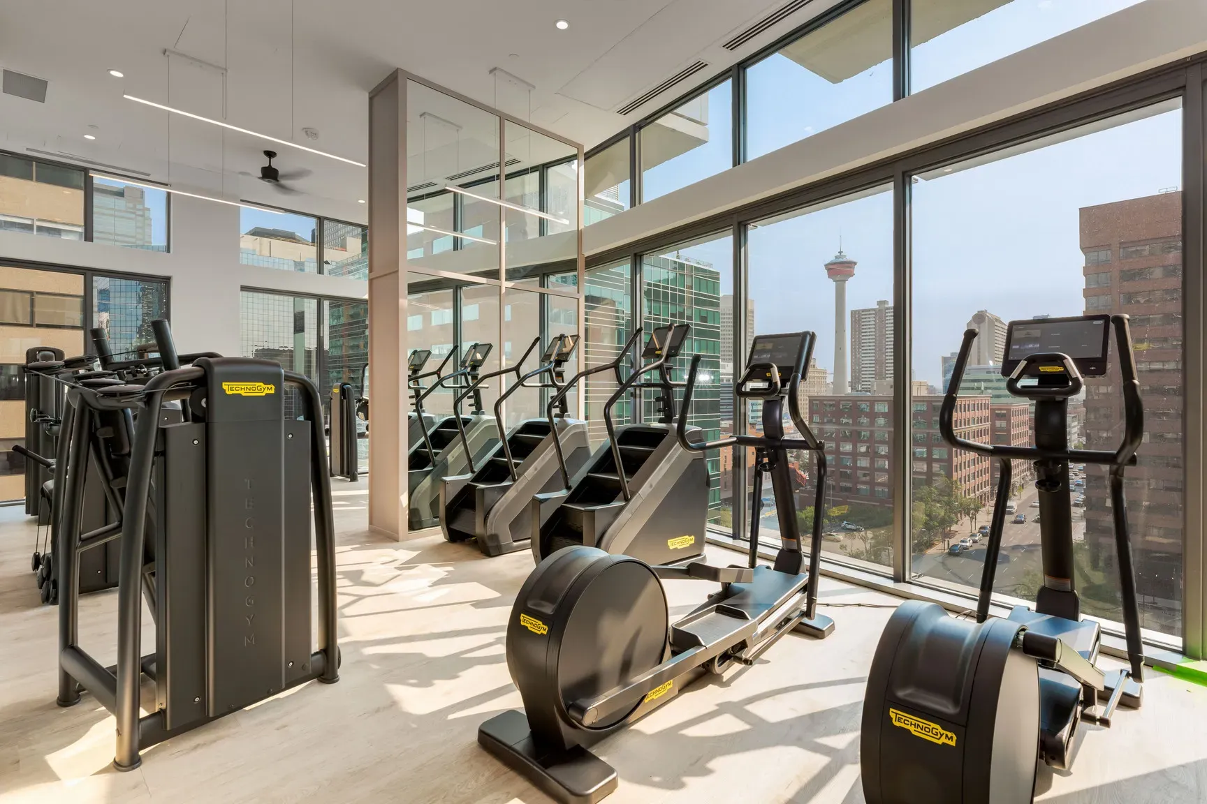 Modern gym with various fitness machines and large windows overlooking a city skyline.